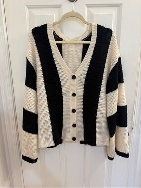 Striped V-Neck Button Front Sweater Cardigan - Black & Cream